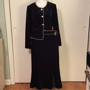 Elegant Black Velvet Blouse Top & Mermaid Skirt Set with Pearl and Crystal Decor